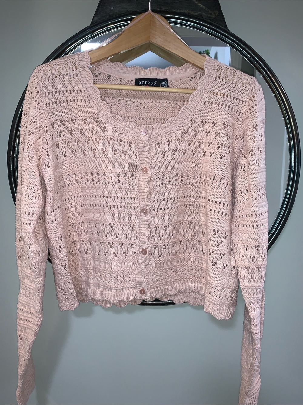 Retro Pale Pink Crochet-Knit Button Cardigan